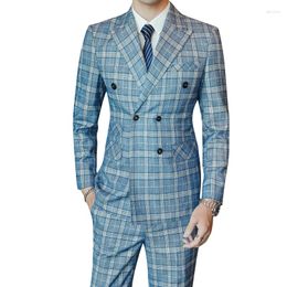 Men's Suits ( Jacket Vest Pants ) High-end Groom Formal Wedding Dress Tuxedo Mens Business Casual Plaid Double Breasted Suit 3 Pcs Set