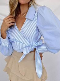 Women's Blouses 2023 Shirts Fall Casual Patchwork Tops Lantern Long Sleeves Striped Office Fashion Lapel