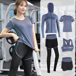 Active Sets 5 Pieces Yoga Set Women Workout Sportswear Gym Clothing Fitness Long Sleeve Crop Top Scrunch High Waist Leggings Bra Sport Suits