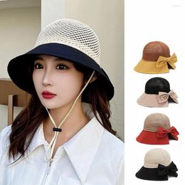 Wide Brim Hats Female Summer Beach Hat Knitted Sun Caps Patchwork Bow Tie 58cm Breathable Grid Outing Travel Sunshade Foldable TY0161