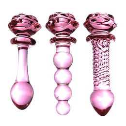 Anal Toys Glass Dildo Pink Rose Flower Shape Vaginal Anal Butt Plug Self Comfort Masturbator Sex Toys for Woman 230803