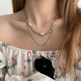 Chains Pink Love Heart Thorn Tassel Titanium Steel Necklace Girl Sweet Cool Accessories Collarbone Chain