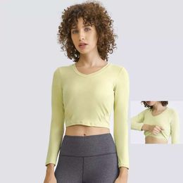 Women's Lu Yoga long shirt Sexy V-neck Naked Feel Workout Top Yoga Shirts Women Padded Fiess Sport Cropped Tops Long Sleeve Shirts with Built in Bra