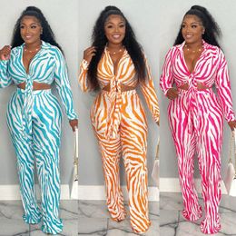 Women's Two Piece Pants Zebra Stripe Print Pleated Loose Set Women Full Sleeve Lace Up Shirts Crop Tops Wide Leg 2023 Autumn Clothing