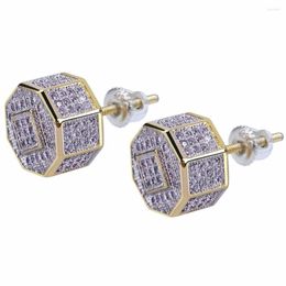 Stud Earrings Full CZ Stone Bling Out Hip Hop Earring Gold Colour Copper Geometric Octagon Men's Signet Rapper Jewellery