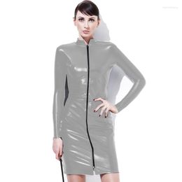 Casual Dresses Plus Size Night Clubwear Pole Dance Club Dress Long Sleeve Front Zipper Leather Slim Bodycon Fashion Party Vestido