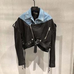 Women's Leather Genuine Jacket 2023 Short Length Women Coat Spring Tanned Skin Graft Splicing Denim Female Outerwear With Belt