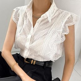 Women's Blouses Sleeveless Summer Elegant Lace Shirts Buttons Ruffled Flying Sleeve White Blouse Women Korean Hollow Out Woman Slim Tops