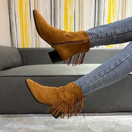 Boots Chelsea Boots Ankle Fringe Chunky Heels Western Cowboy Style Shoes Short Elegant Woman Heeled Punk Plus Size Women's Clothing 230803