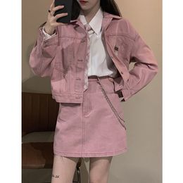 Two Piece Dress Retro pink Women denim skirt two piece set summer Korean fashion turndown collar short jacket mini skirt suit 230802