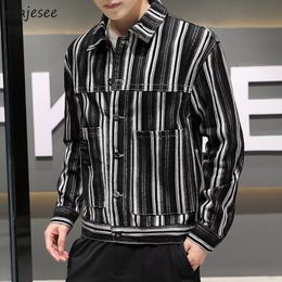 Mens Jackets Men Spring Striped Denim Crop Outwear Fashion Japanese Slim Handsome Pockets Panelled Leisure Plus Size Allmatch Male 230803