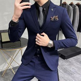 Men's Suits ( Jacket Vest Pants ) High-end Brand Fashion Solid Colour Mens Formal Business Suit Three-piece Set Groom Wedding Dress Party