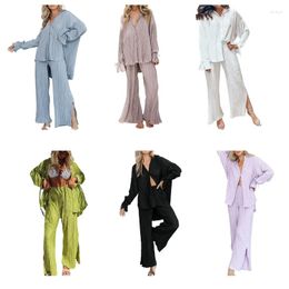 Women's Two Piece Pants 2Pcs Streetwear Button Down Shirts Blouses Top Wide Leg Sets Long Sleeve L5YB