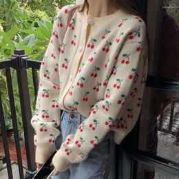 Women's Knits Japanese Style Sweaters Coat Women 2023 Autumn Cherry-Print Knitted Cardigans For Woman Vintage Single Breasted Loose Cardigan