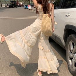 Women's Two Piece Pants French Lace Ethnic Bohemian Style Baggy Dress Set Sling Top Summer Wide Leg Premium Casual