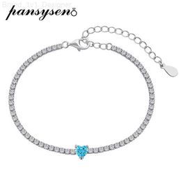 Charm Bracelets PANSYSEN New Luxury 925 Sterling Silver 5MM Heart Cut Sapphire Aquamarine High Carbon Diamond Gemstone Charm Bracelets for Women L230804