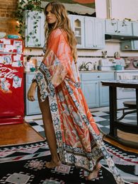 Basic Casual Dresses Bohemian Printed Self Belted Loose Summer Beach Tunic Plus Size Long Kimono Women Street Wear Casual Maxi Dress N996 230803