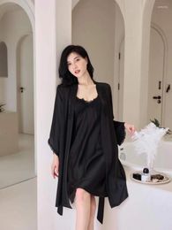 Women's Sleepwear 2023 Summer Solid Ice-silk Hook Flower Hollow Draped Sleeves Robe V-neck Sexy Lace Sling See Through Gown Night Wears For