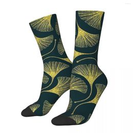 Men's Socks Funny Crazy Sock For Men Golden Leaves On Dark Green Background Hip Hop Harajuku Ginkgo Pattern Printed Boys Crew Gift