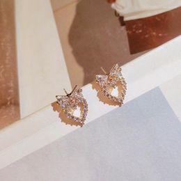 Stud Earrings Korean Fashion Cute 925 Sterling Silver Bow Love Shiny Zircon Female All-match Ladies Jewellery