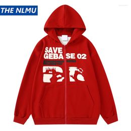 Men's Hoodies Hip Hop Zip Up Hoodie Jacket Letter Graphic Y2K Sweatshirt 2023 Autumn Casual Loose Coat Unisex Clothing Red