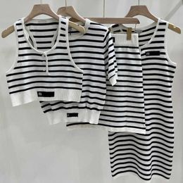 Women's Striped Dress Slim Black and White Contrast Sleeveless Tank Top with Knitted Wrap Hip Long Dress