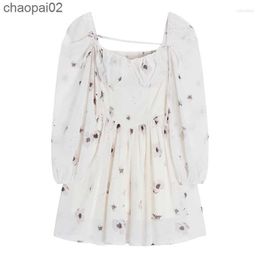 Casual Dresses Printed Square Neck Bubble Women's Long Sleeve Dress Spring Summer Chic Young Girl Sexy Lace Up A-line Short Skirt