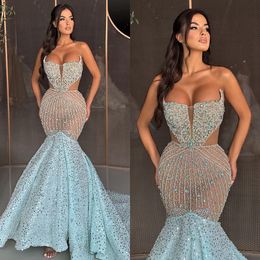 Sky Evening Elegant Beads Sequins Mermaid Blue Crystal Formal Party Prom Dress Red Carpet Long Dresses For Special Ocn es