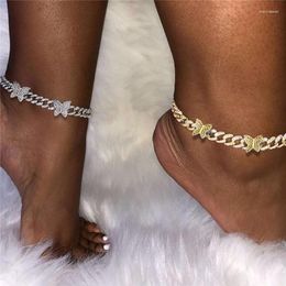 Anklets Iced Out 11MM Rhinestone Miami Cuban Link Chain With Butterfly Charms Women Bling Crystal Choker Necklace Statment Jewellery