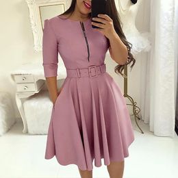 Basic Casual Dresses Zipper Pink Sexy A-Line Dress Women Three Quarter Sleeve High Waist Bodycon Dress Female Fashion Pleated Autumn Party Dress 230802