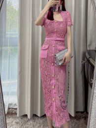 Basic Casual Dresses Spring and Autumn Pink Square Collar Lace Stitching Short-sleeved Women Casual Mid-length Dress 230802