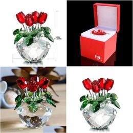 Novelty Items H D Crystal Red Rose Flower Figurine Spring Bouquet Scpture Glass Dreams Ornament Home Wedding Decor Collectible Gift Dhnbq