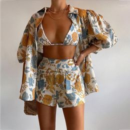 Women's Tracksuits Swimsuit Three Pieces Swimwear Sexy Beachwear 2023 Bathing Suit Shorts Cover Up Summer Blouse 3PCS Suits Holiday Oufits