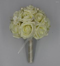 Decorative Flowers Artificial 9 Inches Foam Rose Bouquet With Pearls White Pink Bridesmaid Flower Wedding Bridal