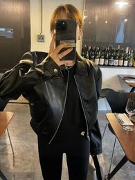 Women's Leather Fashion Women Bomber Jacket Chic Cropped Short Coat Female Stand Collar Gothic Racing Jackets Biker Motorcycle Outerwear