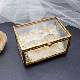 Gift Wrap Personalized Wedding Ring Box Custom Glass Ring Holder Jewelry Organizer Box Customized Names and Date for Engagement Marriage 230802