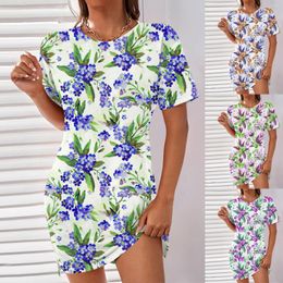 Casual Dresses Floral Dandelion Printed Round Neck Short Sleeve Dress Knit Sleeveless Long With Pockets
