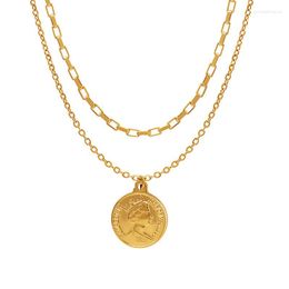 Chains Portrait Round Card Pendant Necklace Trendy Cool Ins Accessories Double-layered Titanium Steel Gold-plated Non-fading Jewellery