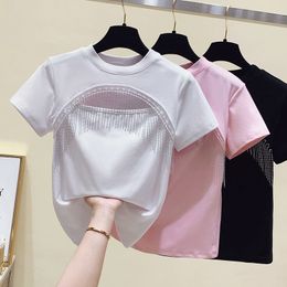Women's T-Shirt Gkfnmt Summer Tees Tops Woman T-shirt Hollow Out Tassel Cotton Short Sleeve Short Tshirt Women Clothing Pink Tee Shirt Crop Top 230802