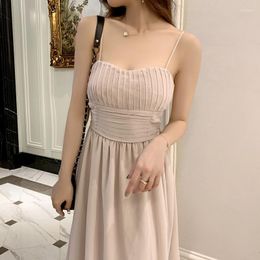 Casual Dresses Women Summer Chiffon Fairy Apricot Dress Sleevess Soild Slim Body High Waist Pleated Spaghetti Strap Mid-length
