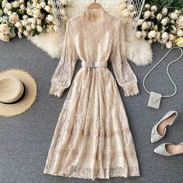 Casual Dresses Elegant Women Lace Dress Robe Sweet Hollow Out Slim Full Sleeve Midi Long 2023 Fashion Spring Party Vestidos