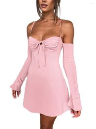 Skirts Women S Elegant V-Neck Ruched Bodycon Dress With Long Sleeves - Chic Solid Colour Mini Party For Formal Occasions