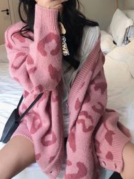 Women's Knits Tees Women Casual Sweaters Korean Fashion Spring Pink Leopard V-Neck Long Sleeve Cardigans Loose Coat Pull Vetement Femme Sueters 230803