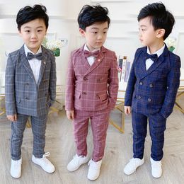 Suits Flower Boys Formal Dress Suit Set Autumn Children Plaid Double Breasted Blazer Pants 2Pcs Clothes Set Kids Wedding Party Costume 230802