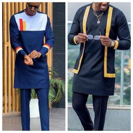 Mens Tracksuits Elegant Suit Shirt Pants 2piece Twopiece Set Round Neck Stitching Solid Colour Party Long Sleeve African Ethnic Styl 230803