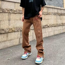 Men's Jeans Fashion Letter Embroidery Vintage Brown Men Cargo Pants Ankle Zipper Hip Hop Baggy Straight Denim Trousers Pantalones