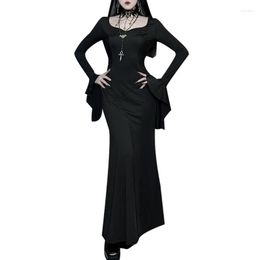 Casual Dresses Womens Flare Long Sleeve Bodycon Dress Sexy Skinny Maxi Halloween Gothic Dark Party Streetwear 264E