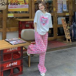 Women's Pants Capris Casual Pants Women Pink Plaid Pockets Simple Vintage Street Ladies Fashion Full Length Baggy Classic Korean Style All-match Ins 230802