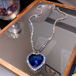 Pendant Necklaces FYUAN Blue Heart Crystal for Women Long Chain Statement Jewellery 230802