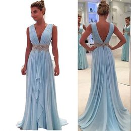 Evening Dresses Wear Light Sky Blue Sier Lace Appliques V Neck Sweep Train Crystal Beads Chiffon Plus Size Prom Gowns Party Dress Open Back